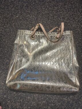 Michael Kors Gold Metallic MK Logo Tote with Pale Pink Straps